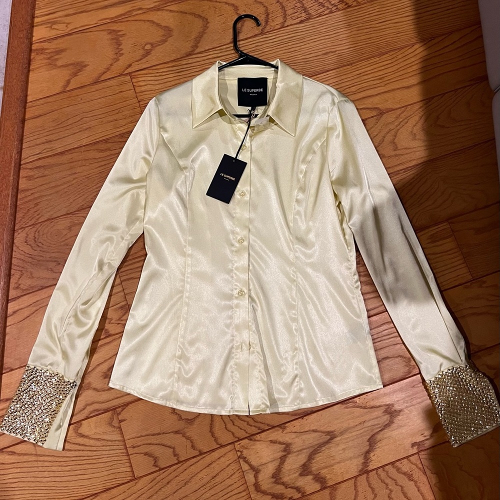 Le Superbe Cream Button Down Shirt with Embellished Cuffs